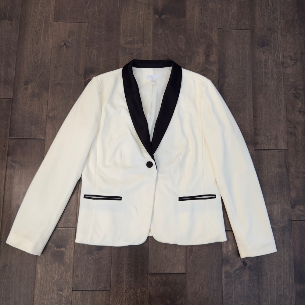 Charter Club Petite Ivory Tuxedo Blazer Black Satin Trim Shawl Lapel Size 16P